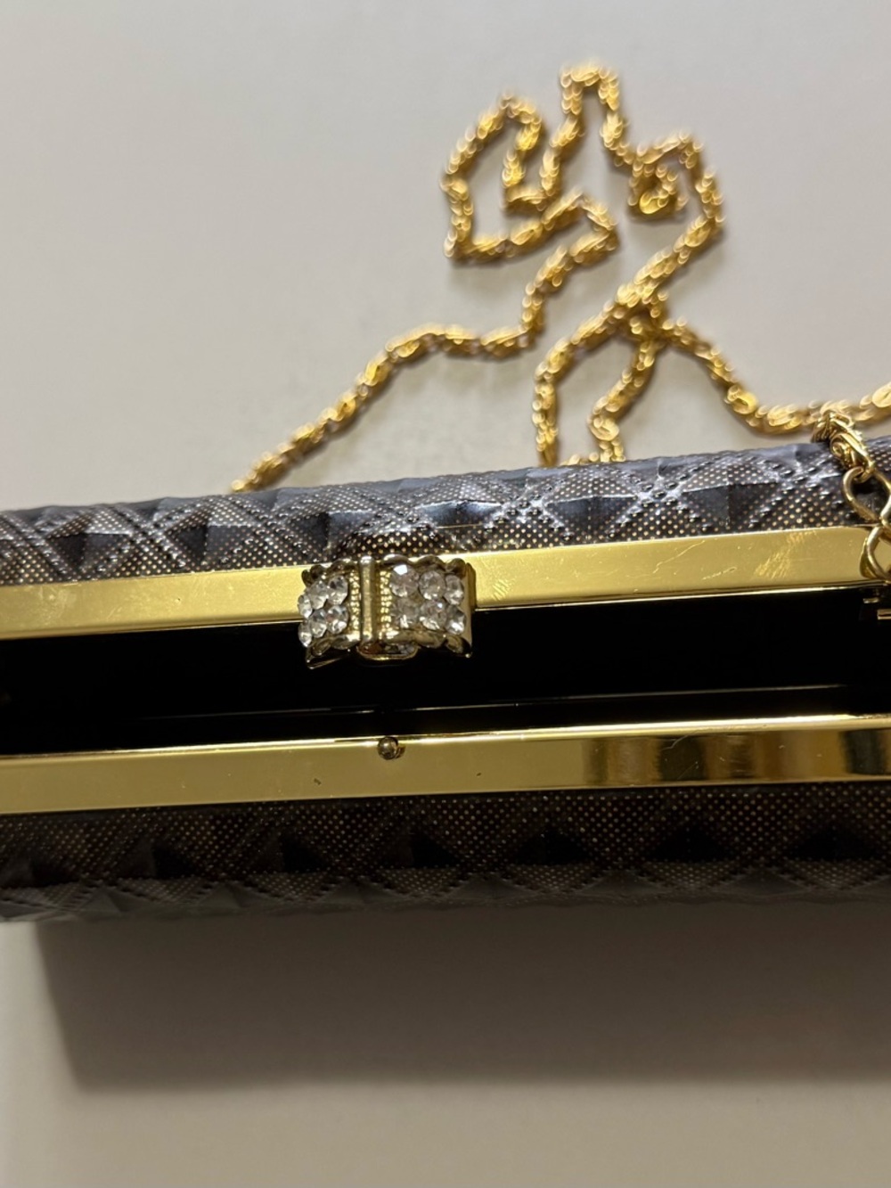 Elegant Brown Textured Evening Clutch with Gold Chain - Picture 7 of 9